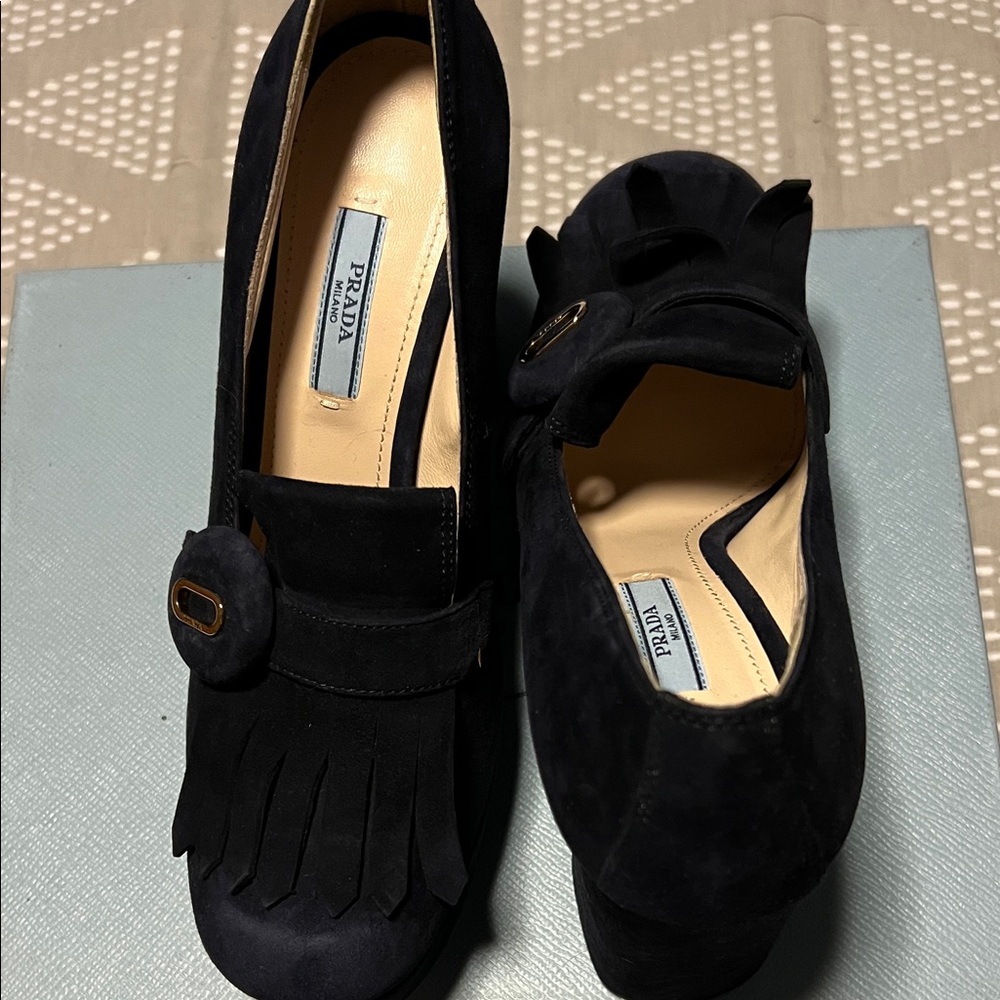 Prada Black Suede Platform Heels with Fringe - Picture 14 of 16